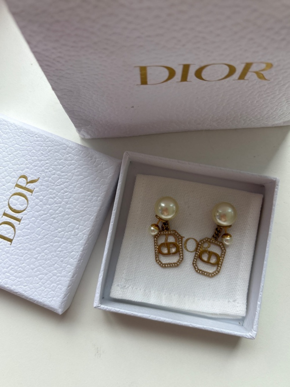 Dior Gold-tone and Cream Pearl CD Drop Earrings